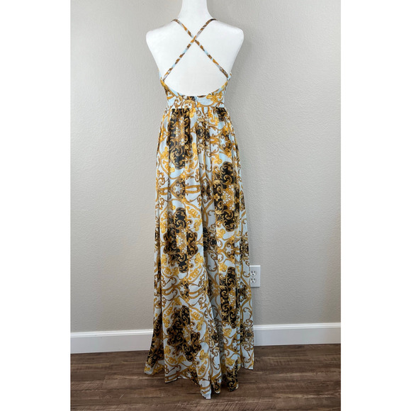 Powder Blue Gold Chiffon Baroque Sleeveless Open Back V-Neck Maxi Dress Med New - Picture 14 of 15